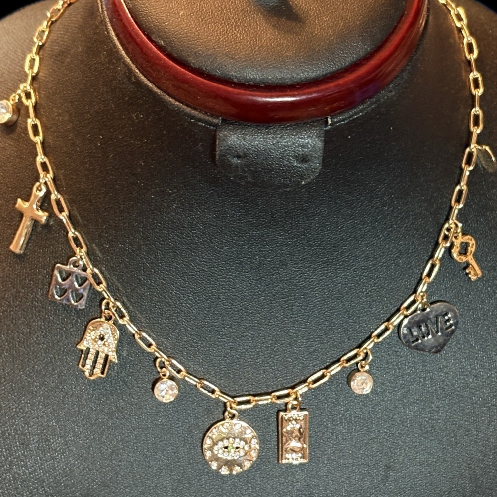 Aldo Gold Charm Necklace Mix Of Spiritual and Symbolic Charms Paperclip Chain